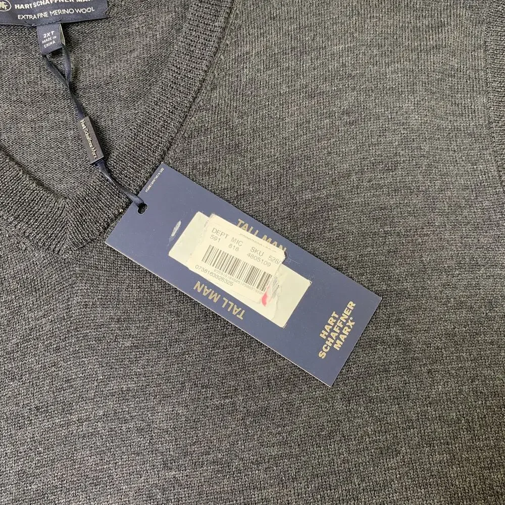 Hart Schaffner Marx Sweater Vest Mens 2XT Tall Grey Merino Wool Soft V Neck Golf